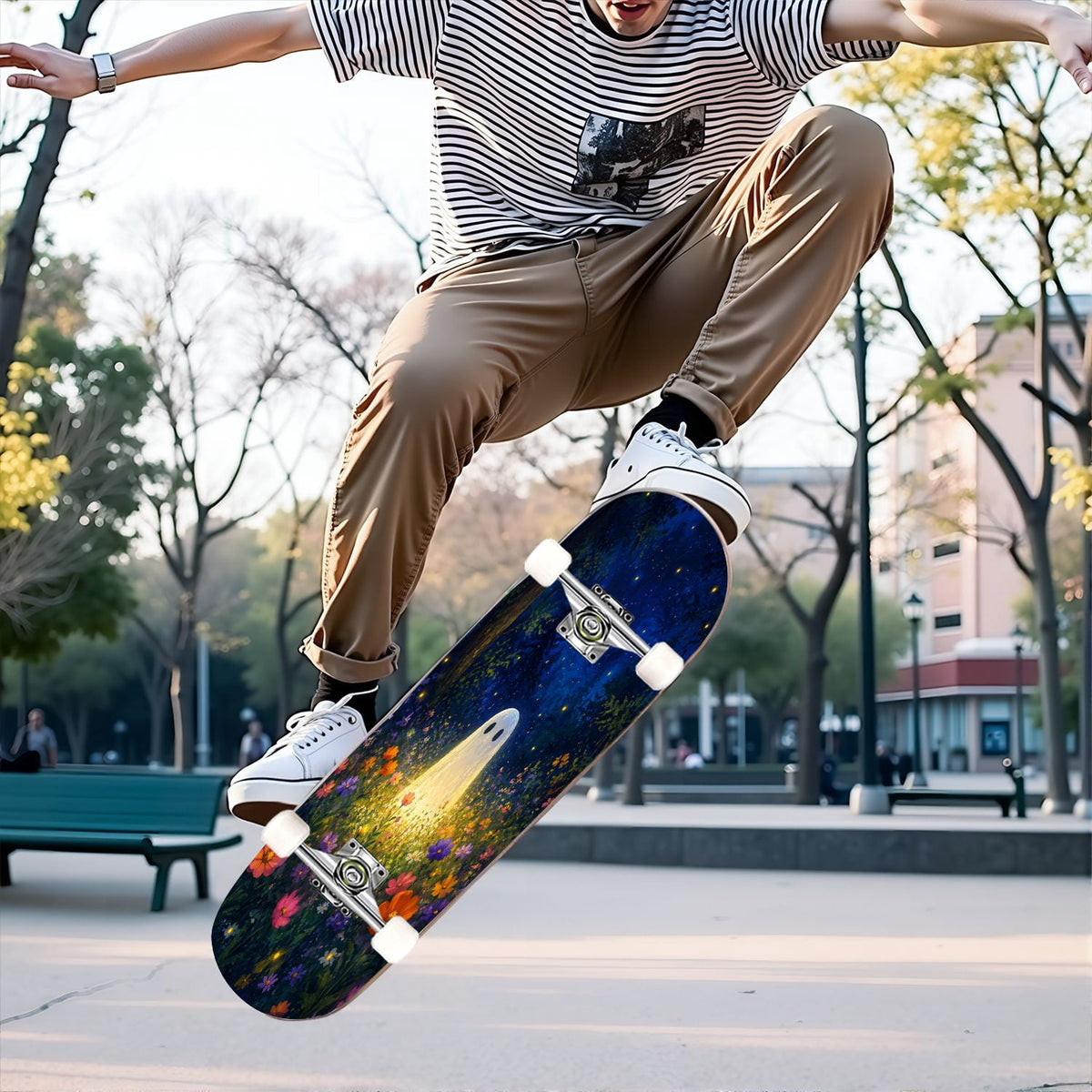 31"x8" Complete Skateboards for Beginners,Halloween Black Cats Pumpkins Ghosts Bats Beige Double Kick 7 Ply Canadian Maple Deck Skateboard with Wheels, Gifts for Kids Teens