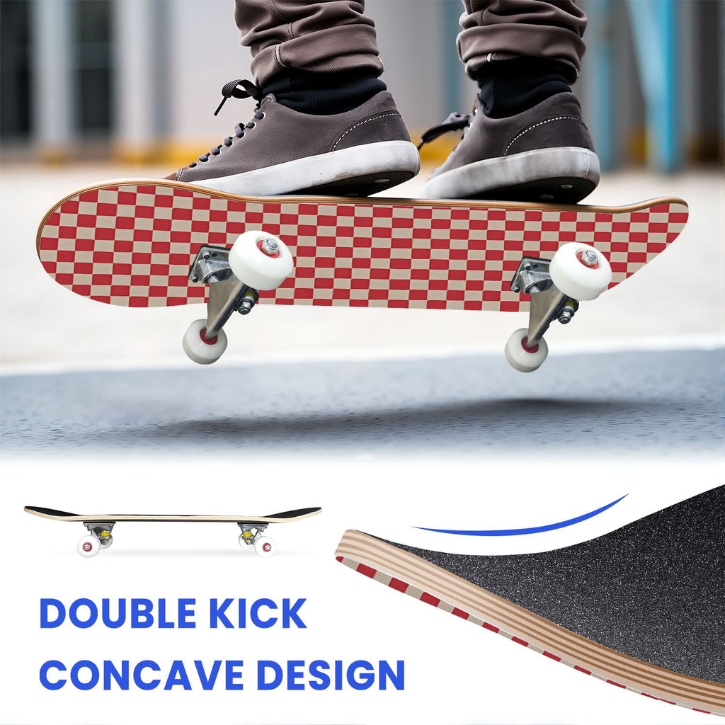31"x8" Complete Skateboards for Beginners,Black Pink Checkered Retro Aesthetic Double Kick 7 Ply Canadian Maple Deck Skateboard with Wheels, Gifts for Kids Teens