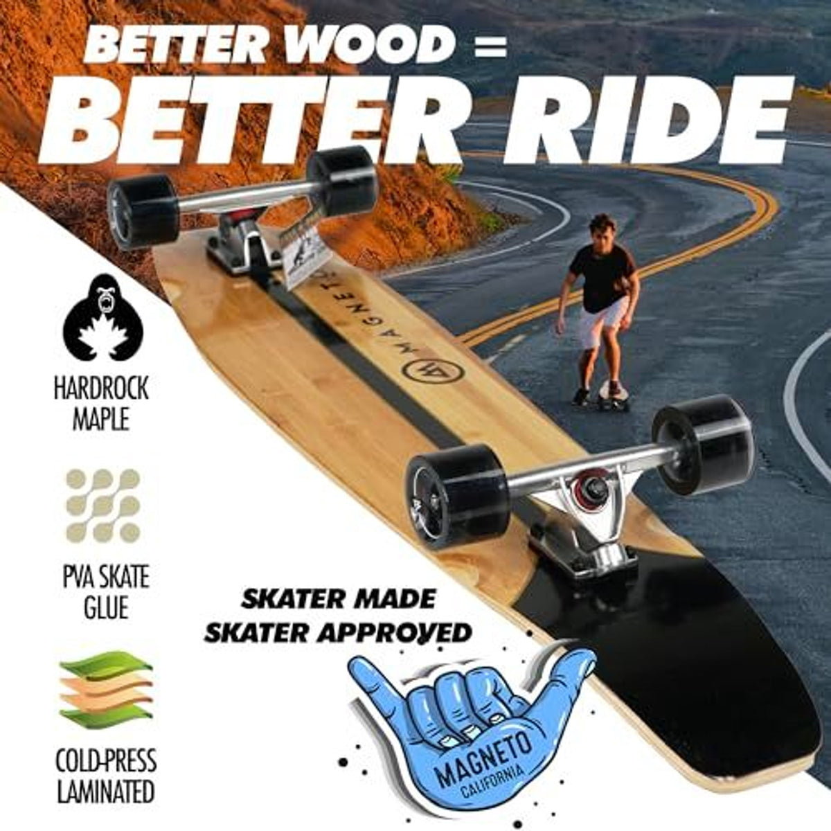 Magneto 44-Inch Kicktail Cruiser Longboard - Surf-Inspired Beach Cruising & Retro Skateboards - Bamboo & Maple Deck - 44" x 9", Retro Surf