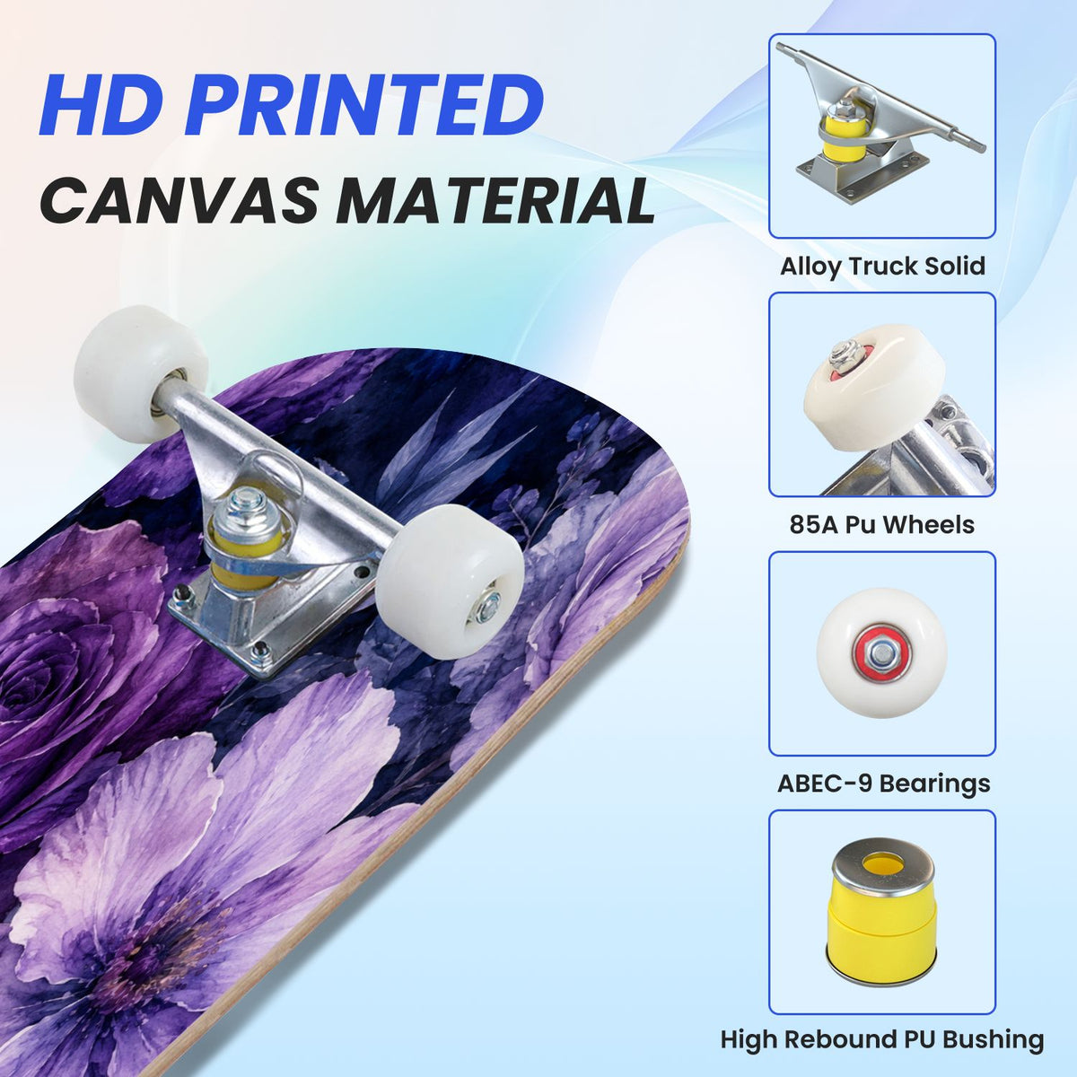 31"x8" Complete Skateboards for Beginners, Purple White Cosmos Flowers Butterflies Watercolor Double Kick 7 Ply Canadian Maple Deck Skateboard with Wheels, Gifts for Kids Teens