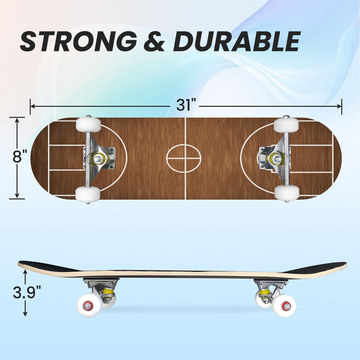 31"x8" Complete Skateboards for Beginners,Vintage Baseball Worn Red Stitches Rustic Double Kick 7 Ply Canadian Maple Deck Skateboard with Wheels, Sports Gifts for Kids Teens