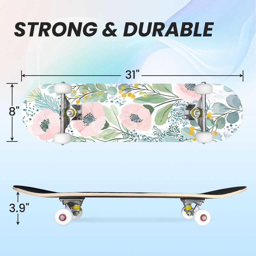 31"x8" Complete Skateboards for Beginners, Elegant Floral Pink Roses Blue Butterflies Double Kick 7 Ply Canadian Maple Deck Skateboard with Wheels, Gifts for Kids Teens