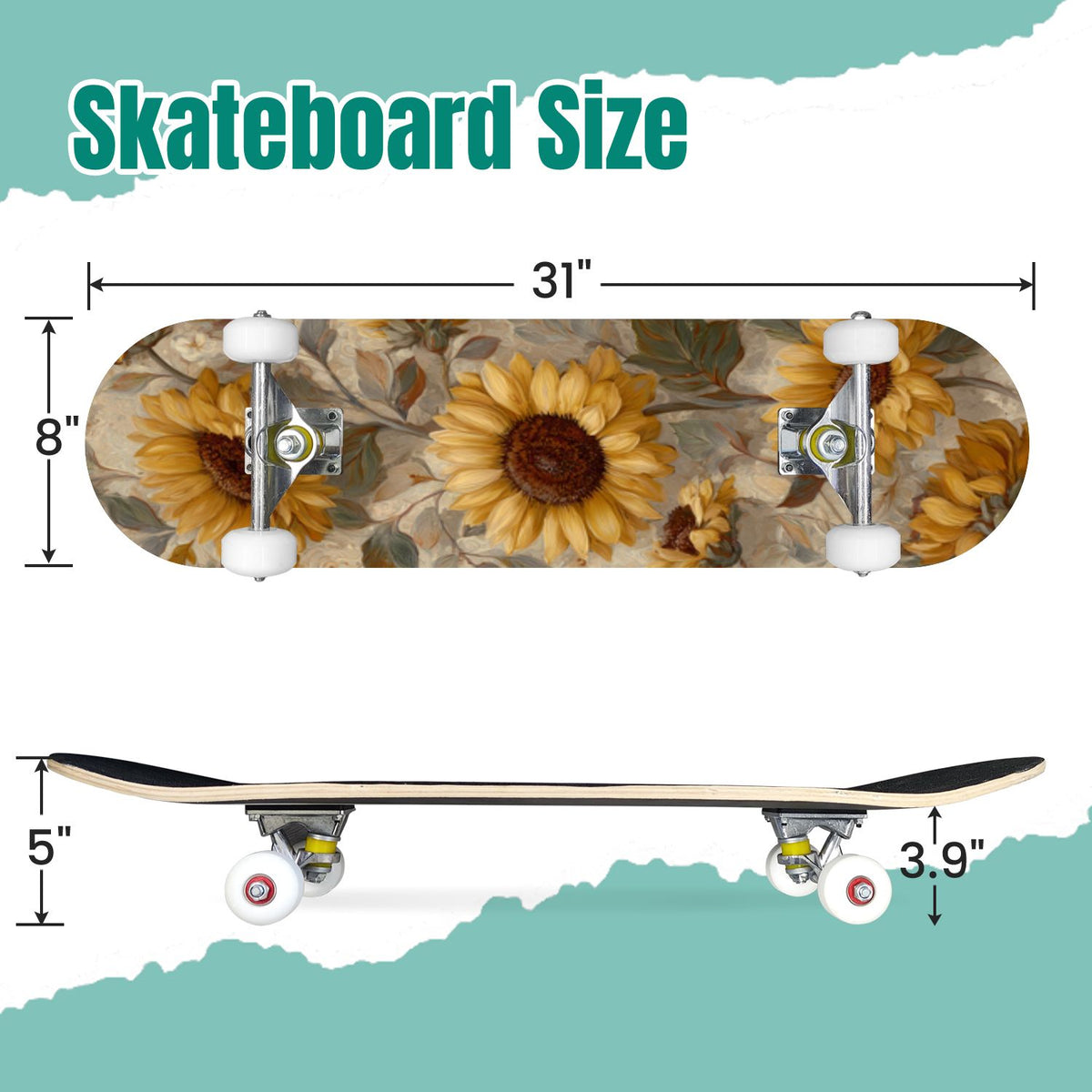 Autumn Forest Camouflage Oak Leaves Tree Branches 31" x 8" Complete Skateboard, 7-Ply Canadian Maple Double Kick Trick Board for Kids and Beginners Adult Gifts