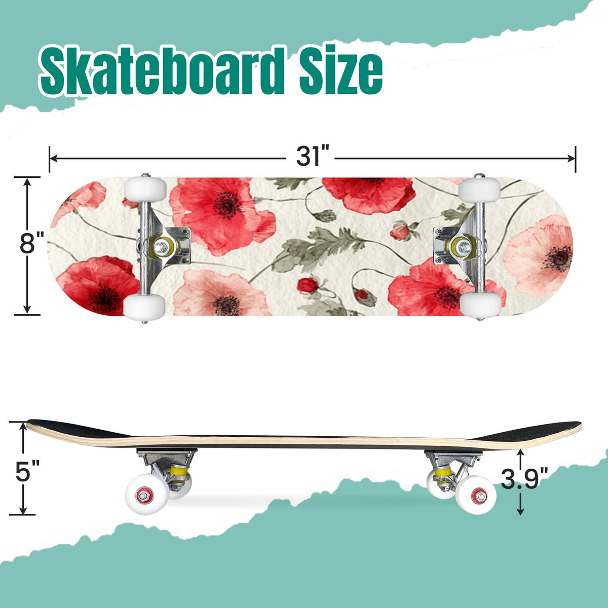 Botanical Floral Peonies Hummingbirds 31" x 8" Complete Skateboard, 7-Ply Canadian Maple Double Kick Trick Board for Kids and Beginners Adult Gifts