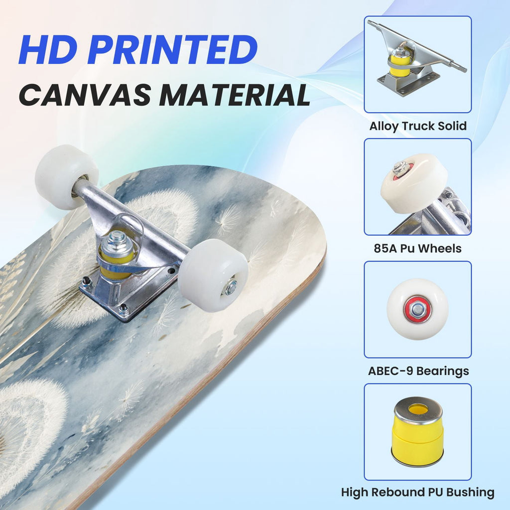 31"x8" Complete Skateboards for Beginners,Blue White Vintage Floral Roses Ornate Swirls Double Kick 7 Ply Canadian Maple Deck Skateboard with Wheels, Gifts for Kids Teens