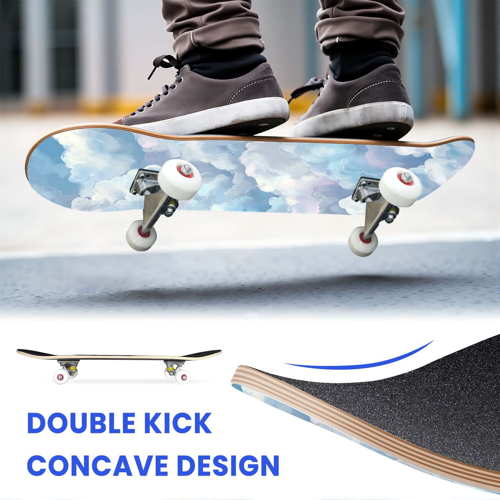 31"x8" Complete Skateboards for Beginners, Cute Light Blue Sky Cartoon Summer Decor Double Kick 7 Ply Canadian Maple Deck Skateboard with Wheels, Gifts for Kids Teens