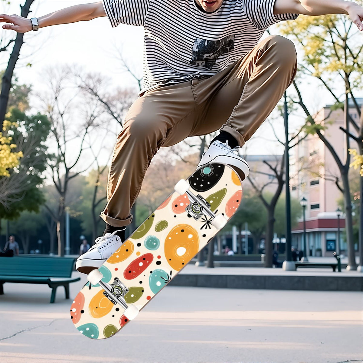 31"x8" Complete Skateboards for Beginners,Cartoon Hand Drawn Ice Cream Doodles Seamless Cones Cupcakes Double Kick 7 Ply Canadian Maple Deck Skateboard with Wheels, Gifts for Kids Teens