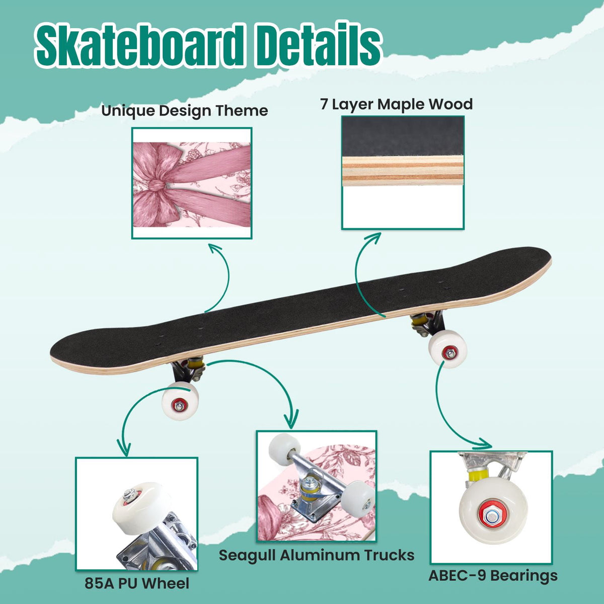 Golden Floral Line Art Seamless 31" x 8" Complete Skateboard, 7-Ply Canadian Maple Double Kick Trick Board for Kids and Beginners Adult Gifts