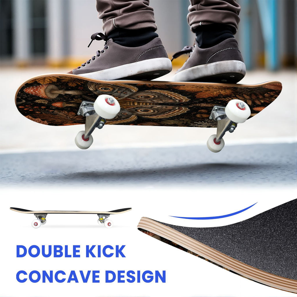 31"x8" Complete Skateboards for Beginners,Vintage Botanical Moth Autumn Leaves Mushrooms Double Kick 7 Ply Canadian Maple Deck Skateboard with Wheels, Gifts for Kids Teens