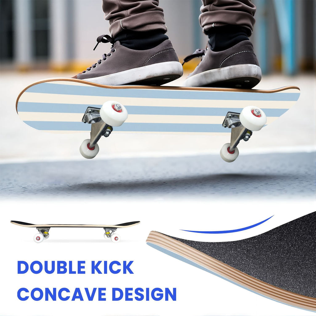 31"x8" Complete Skateboards for Beginners, Soft Blue Cream Striped Design Double Kick 7 Ply Canadian Maple Deck Skateboard with Wheels, Gifts for Kids Teens
