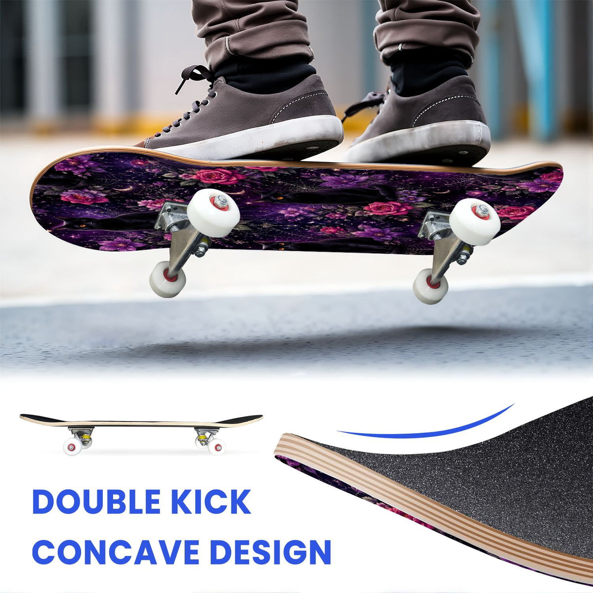 31"x8" Complete Skateboards for Beginners, Glowing Bioluminescent Mushrooms Mystical Forest Double Kick 7 Ply Canadian Maple Deck Skateboard with Wheels, Gifts for Kids Teens