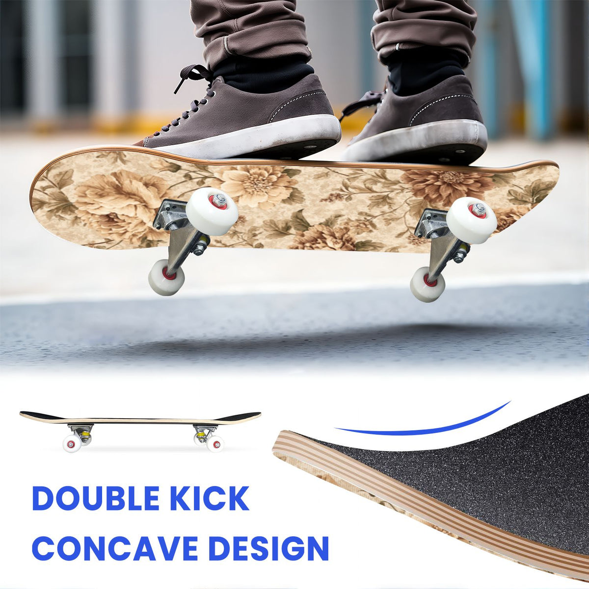 31"x8" Complete Skateboards for Beginners, Vintage Forest Woodland Large Trees Leaves River Cottage Double Kick 7 Ply Canadian Maple Deck Skateboard with Wheels, Gifts for Kids Teens