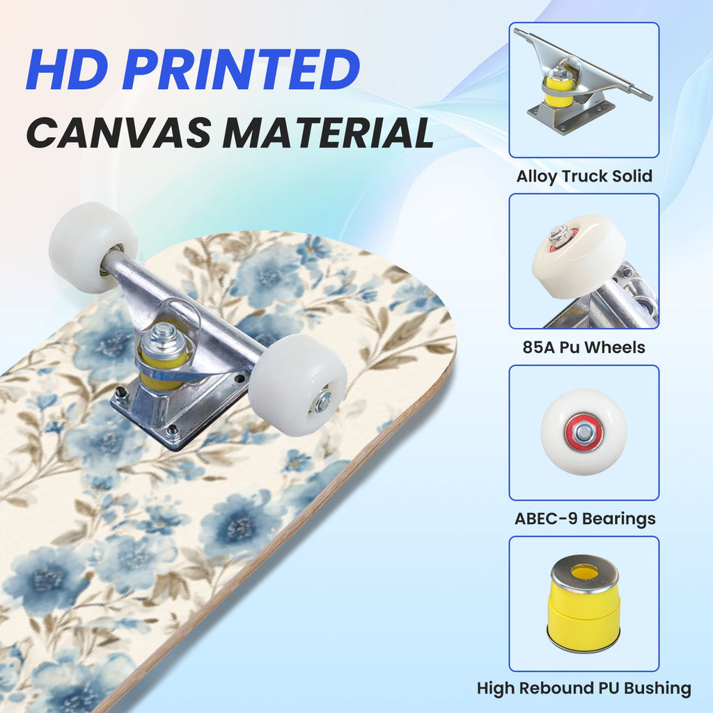 31"x8" Complete Skateboards for Beginners, Soft Blue Cream Striped Design Double Kick 7 Ply Canadian Maple Deck Skateboard with Wheels, Gifts for Kids Teens
