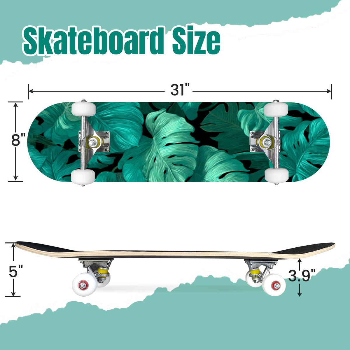 Tropical Jungle Leaf Teal Green Botanical 31" x 8" Complete Skateboard, 7-Ply Canadian Maple Double Kick Trick Board for Kids and Beginners Adult Gifts