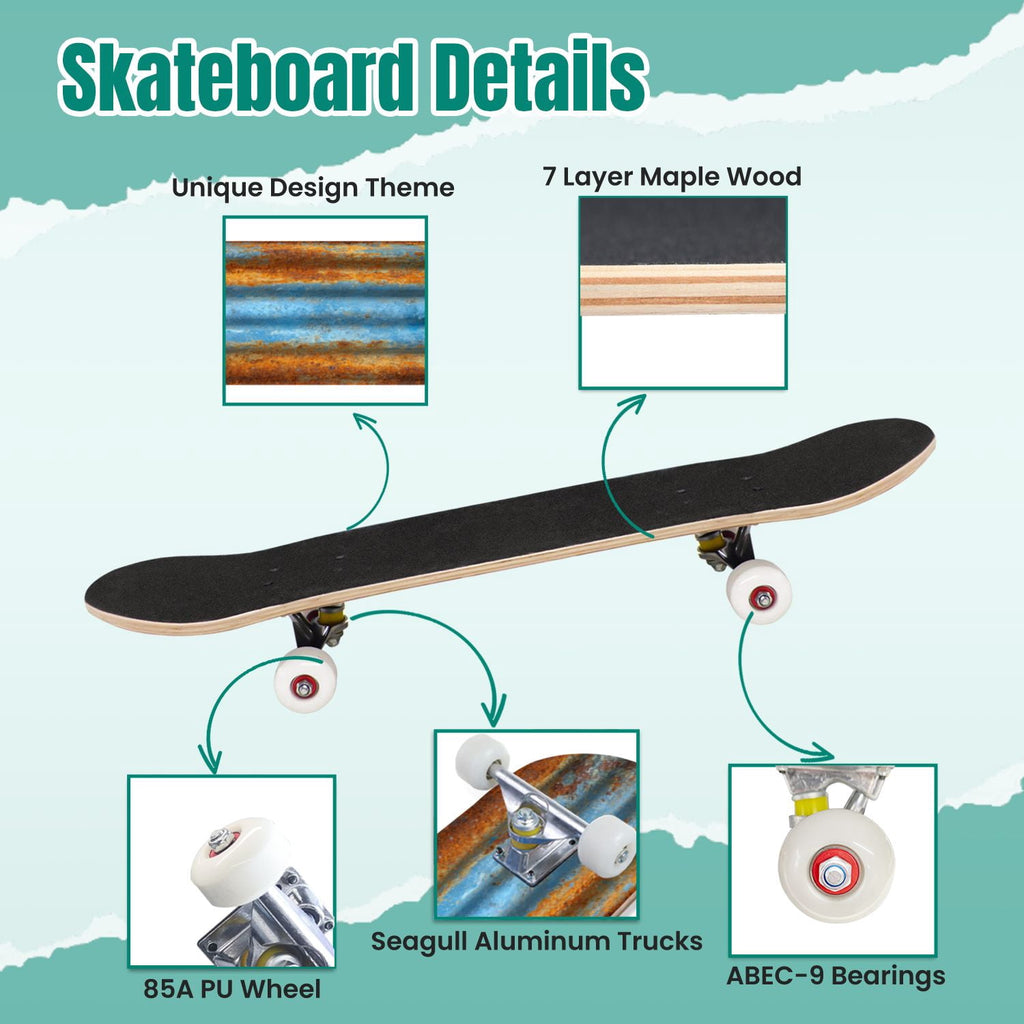 Tropical Jungle Leaf Teal Green Botanical 31" x 8" Complete Skateboard, 7-Ply Canadian Maple Double Kick Trick Board for Kids and Beginners Adult Gifts