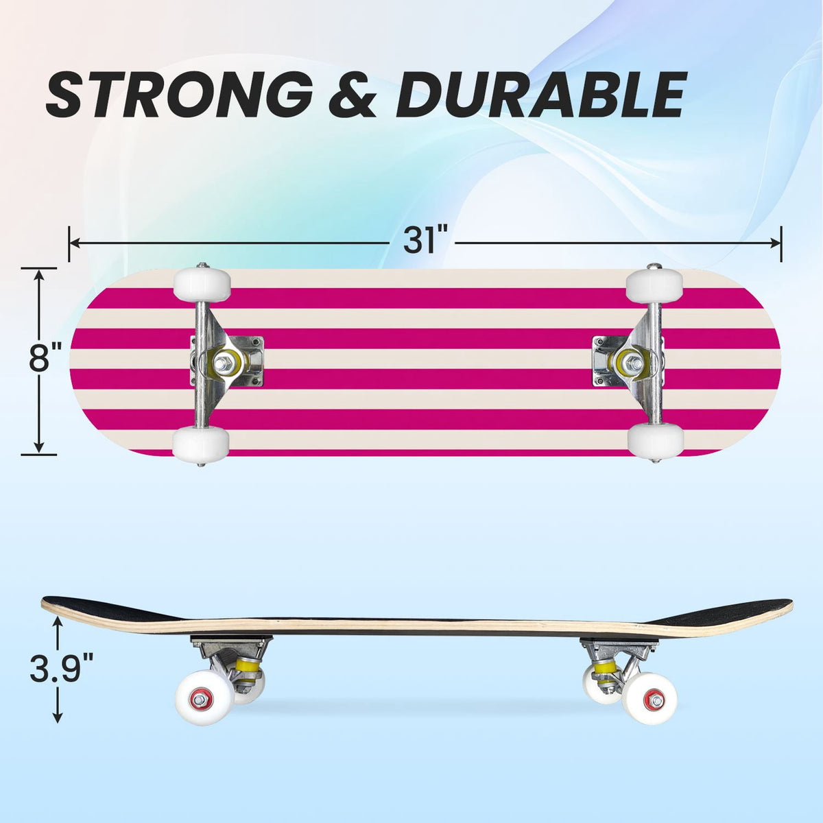 31"x8" Complete Skateboards for Beginners,Vibrant Diagonal Rainbow Gradient Abstract Art Double Kick 7 Ply Canadian Maple Deck Skateboard with Wheels, Gifts for Kids Teens