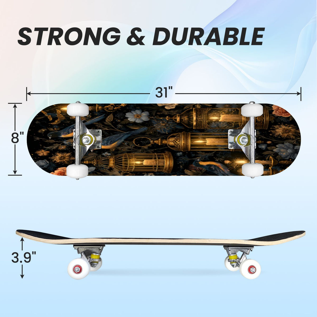 31"x8" Complete Skateboards for Beginners, Romantic Skeletons Blooming Roses Dark Academia Double Kick 7 Ply Canadian Maple Deck Skateboard with Wheels, Gifts for Kids Teens