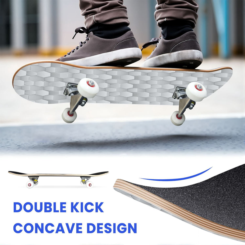 31"x8" Complete Skateboards for Beginners, Honeycomb Futuristic Hexagonal Neon Glowing Orange Light Double Kick 7 Ply Canadian Maple Deck Skateboard with Wheels, Gifts for Kids Teens