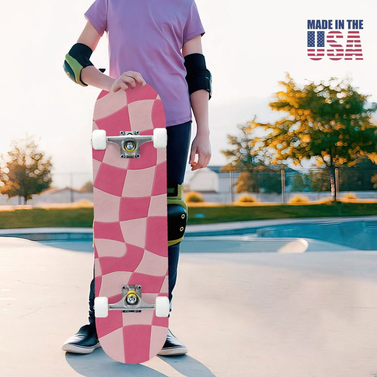 31"x8" Complete Skateboards for Beginners,Green White Plaid Checkered Watercolor Double Kick 7 Ply Canadian Maple Deck Skateboard with Wheels, Gifts for Kids Teens