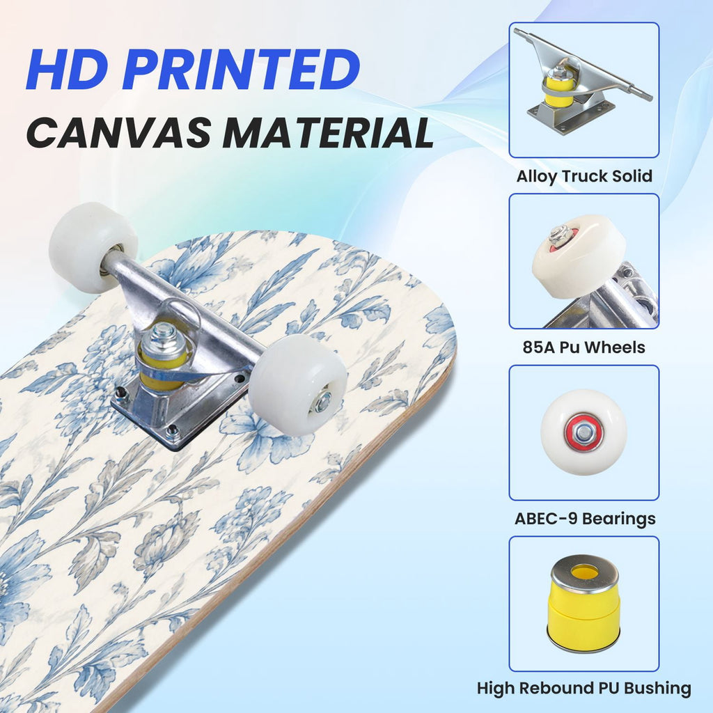 31"x8" Complete Skateboards for Beginners,Blue White Vintage Floral Roses Ornate Swirls Double Kick 7 Ply Canadian Maple Deck Skateboard with Wheels, Gifts for Kids Teens