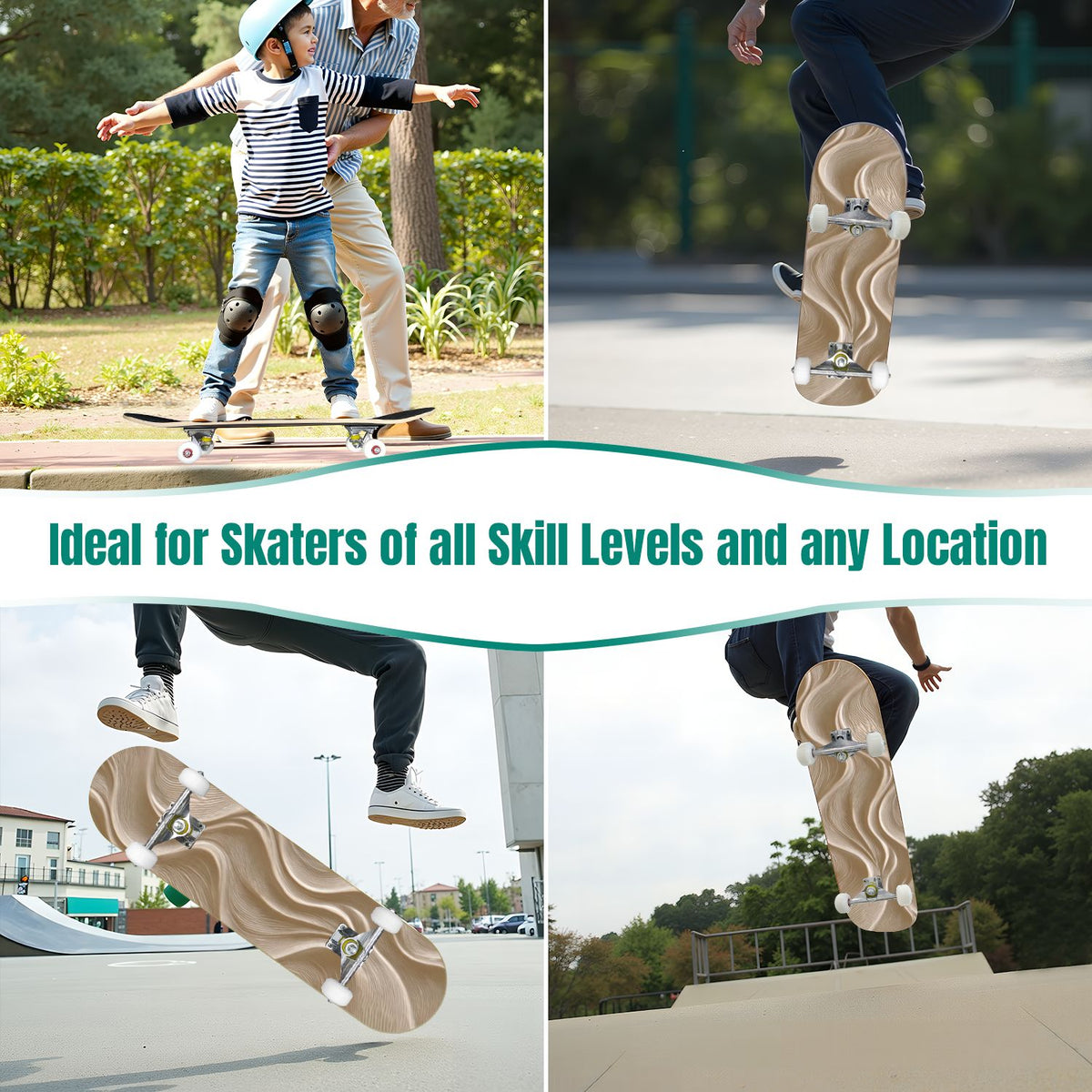 Beige Waves Flowing Lines 3D Effect 31" x 8" Complete Skateboard, 7-Ply Canadian Maple Double Kick Trick Board for Kids and Beginners Adult Gifts