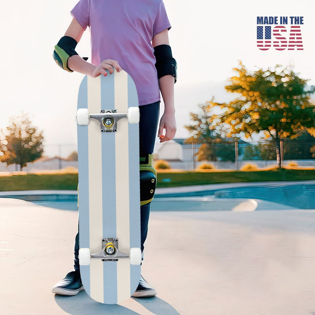 31"x8" Complete Skateboards for Beginners, Soft Blue Cream Striped Design Double Kick 7 Ply Canadian Maple Deck Skateboard with Wheels, Gifts for Kids Teens