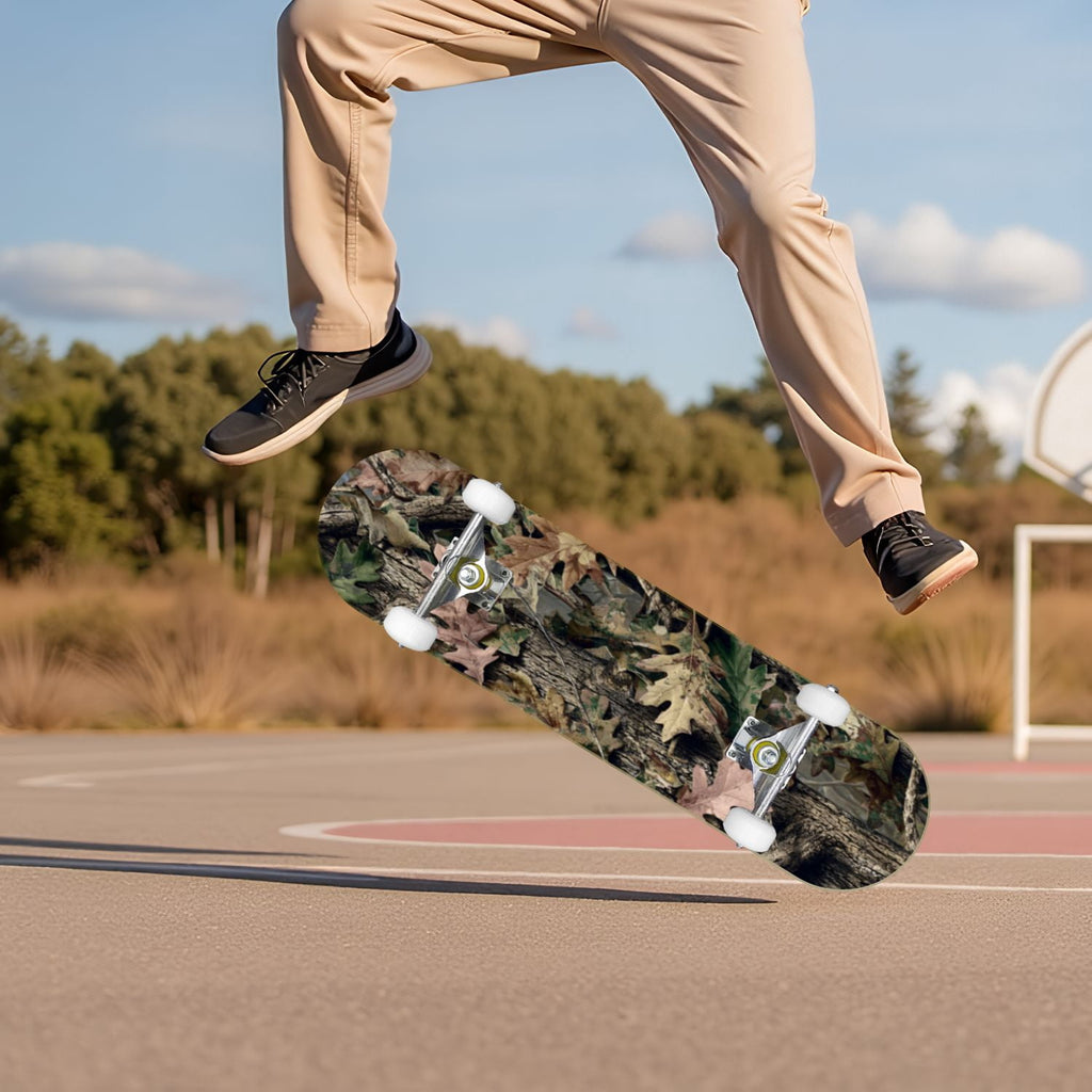 Botanical Embroidery Golden Green Leaves Black 31" x 8" Complete Skateboard, 7-Ply Canadian Maple Double Kick Trick Board for Kids and Beginners Adult Gifts
