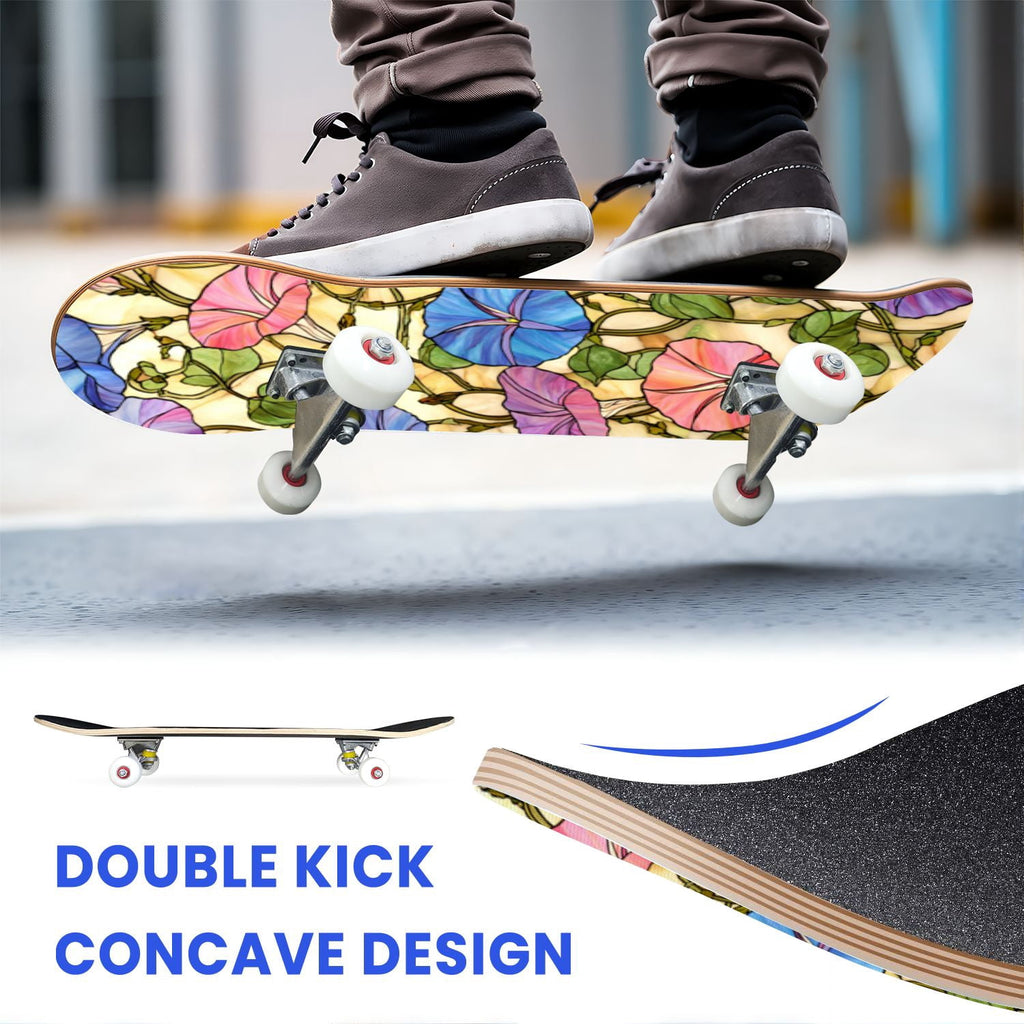 31"x8" Complete Skateboards for Beginners,Cartoon Hand Drawn Ice Cream Doodles Seamless Cones Cupcakes Double Kick 7 Ply Canadian Maple Deck Skateboard with Wheels, Gifts for Kids Teens