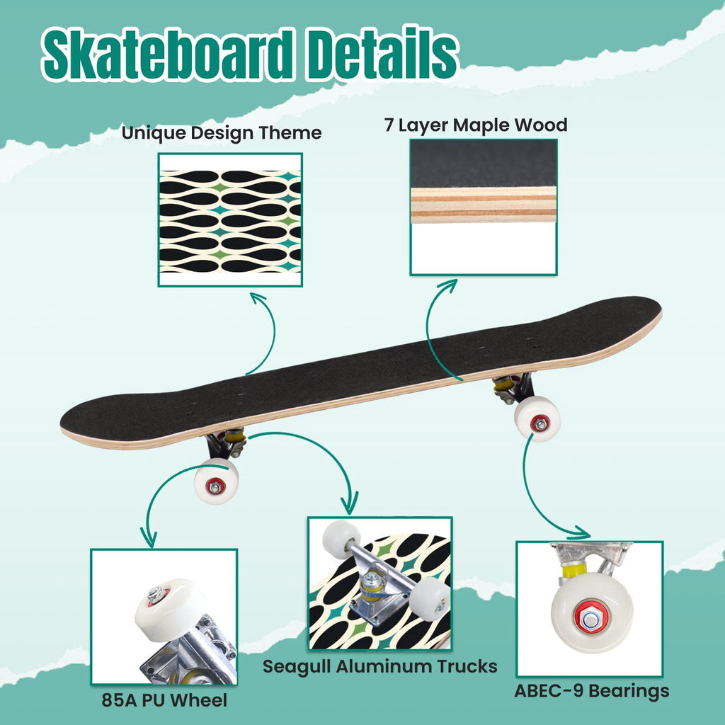 White Birch Tree Bark Natural Knots Horizontal Lines 31" x 8" Complete Skateboard, 7-Ply Canadian Maple Double Kick Trick Board for Kids and Beginners Adult Gifts