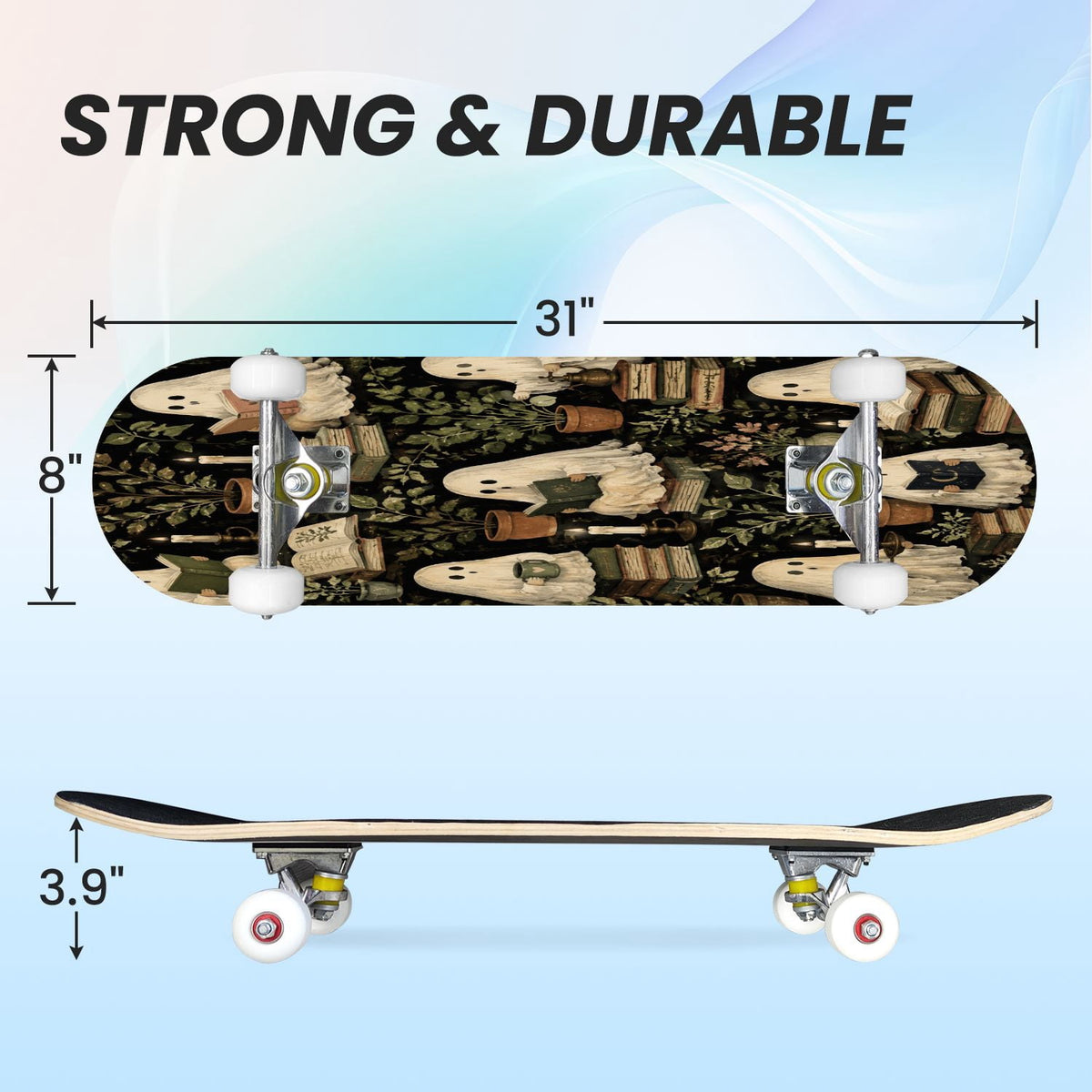 31"x8" Complete Skateboards for Beginners,Halloween Black Cats Pumpkins Ghosts Bats Beige Double Kick 7 Ply Canadian Maple Deck Skateboard with Wheels, Gifts for Kids Teens
