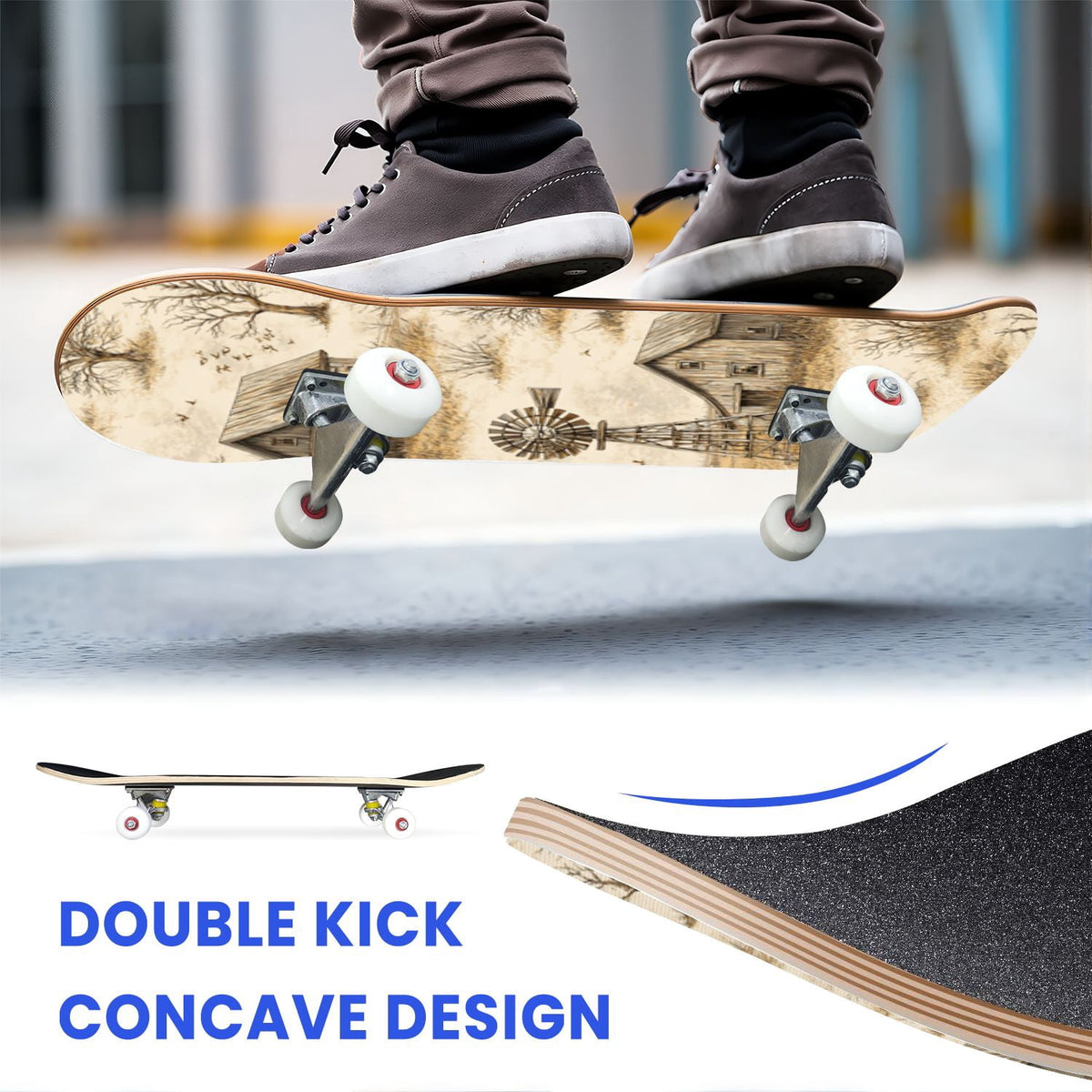31"x8" Complete Skateboards for Beginners,Barn Windmill Artwork Rustic Barn Wood Farm Windmill Double Kick 7 Ply Canadian Maple Deck Skateboard with Wheels, Gifts for Kids Teens