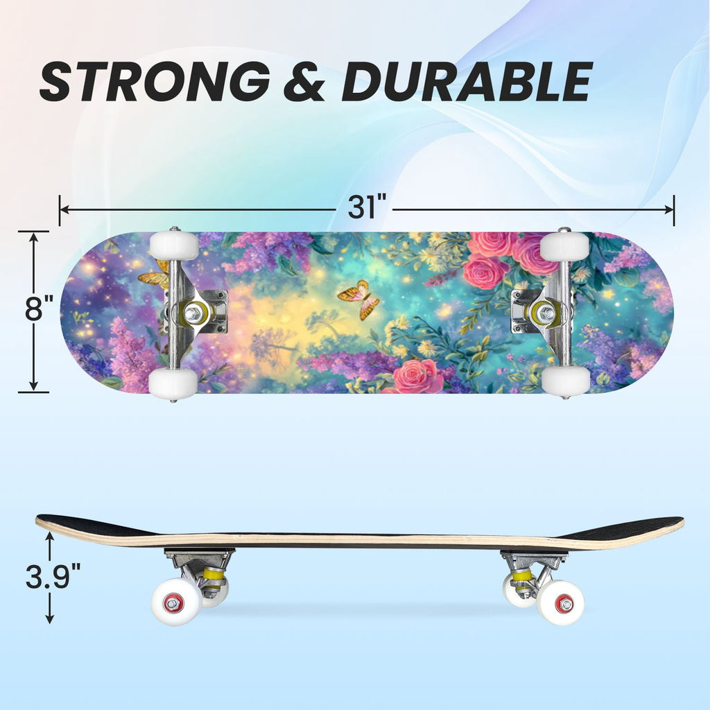 31"x8" Complete Skateboards for Beginners,Pink Cream Vertical Stripes Double Kick 7 Ply Canadian Maple Deck Skateboard with Wheels, Gifts for Kids Teens