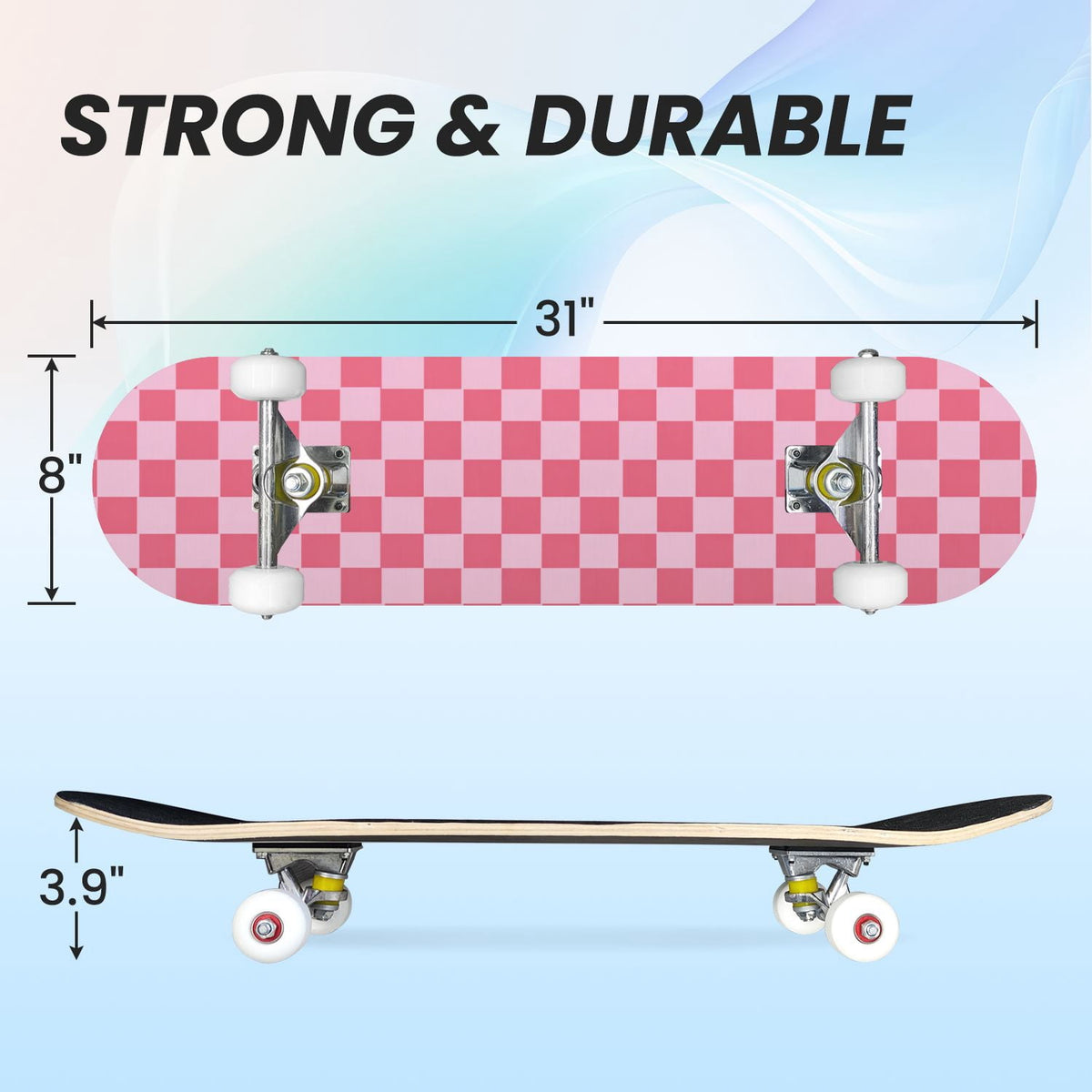 31"x8" Complete Skateboards for Beginners,Black Pink Checkered Retro Aesthetic Double Kick 7 Ply Canadian Maple Deck Skateboard with Wheels, Gifts for Kids Teens
