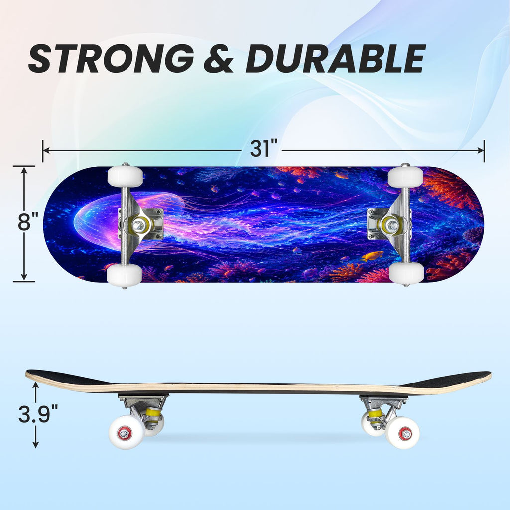31"x8" Complete Skateboards for Beginners, Underwater Sharks Glowing Purple Jellyfish Marine Life Double Kick 7 Ply Canadian Maple Deck Skateboard with Wheels, Gifts for Kids Teens
