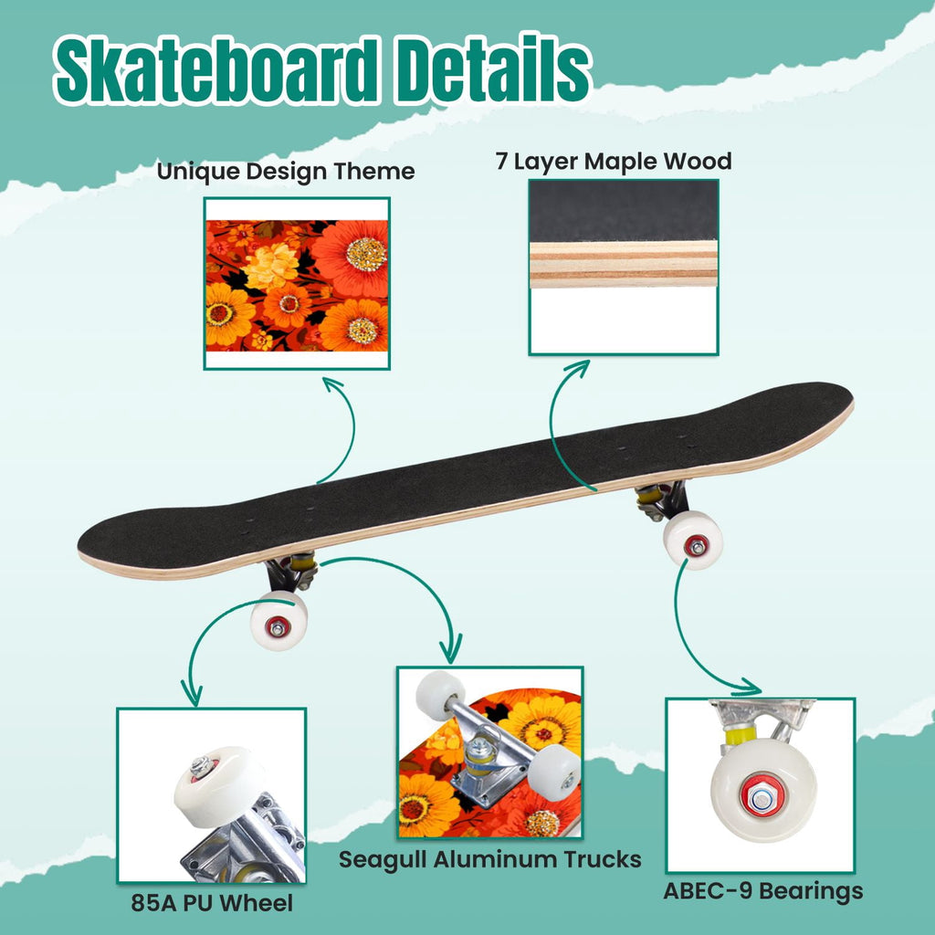 Elegant Cream Peach Peony Floral Green 31" x 8" Complete Skateboard, 7-Ply Canadian Maple Double Kick Trick Board for Kids and Beginners Adult Gifts