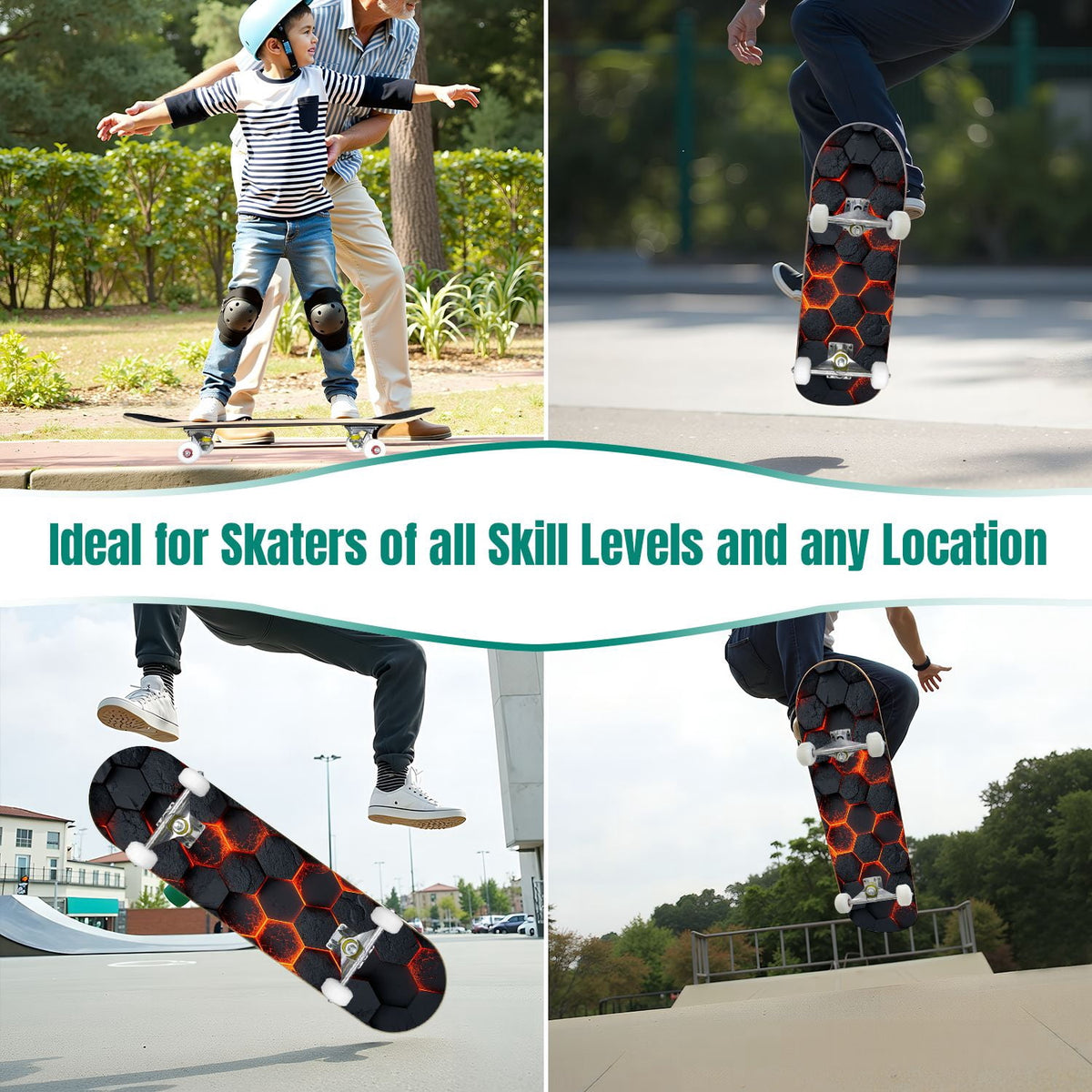 31"x8" Complete Skateboards for Beginners,Black Hexagon Honeycomb Glowing Blue Accents Double Kick 7 Ply Canadian Maple Deck Skateboard with Wheels, Gifts for Kids Teens