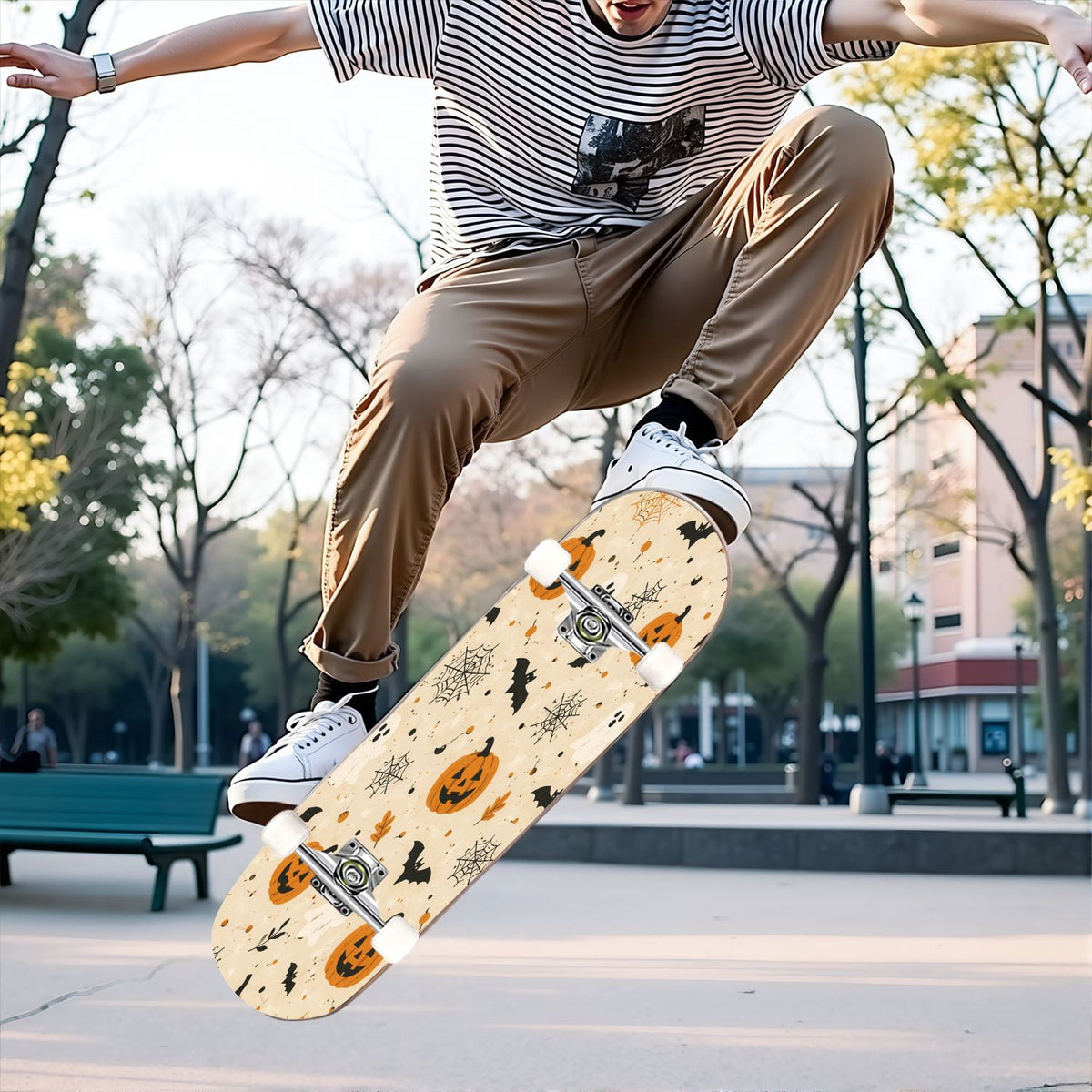 31"x8" Complete Skateboards for Beginners,Halloween Black Cats Pumpkins Ghosts Bats Beige Double Kick 7 Ply Canadian Maple Deck Skateboard with Wheels, Gifts for Kids Teens