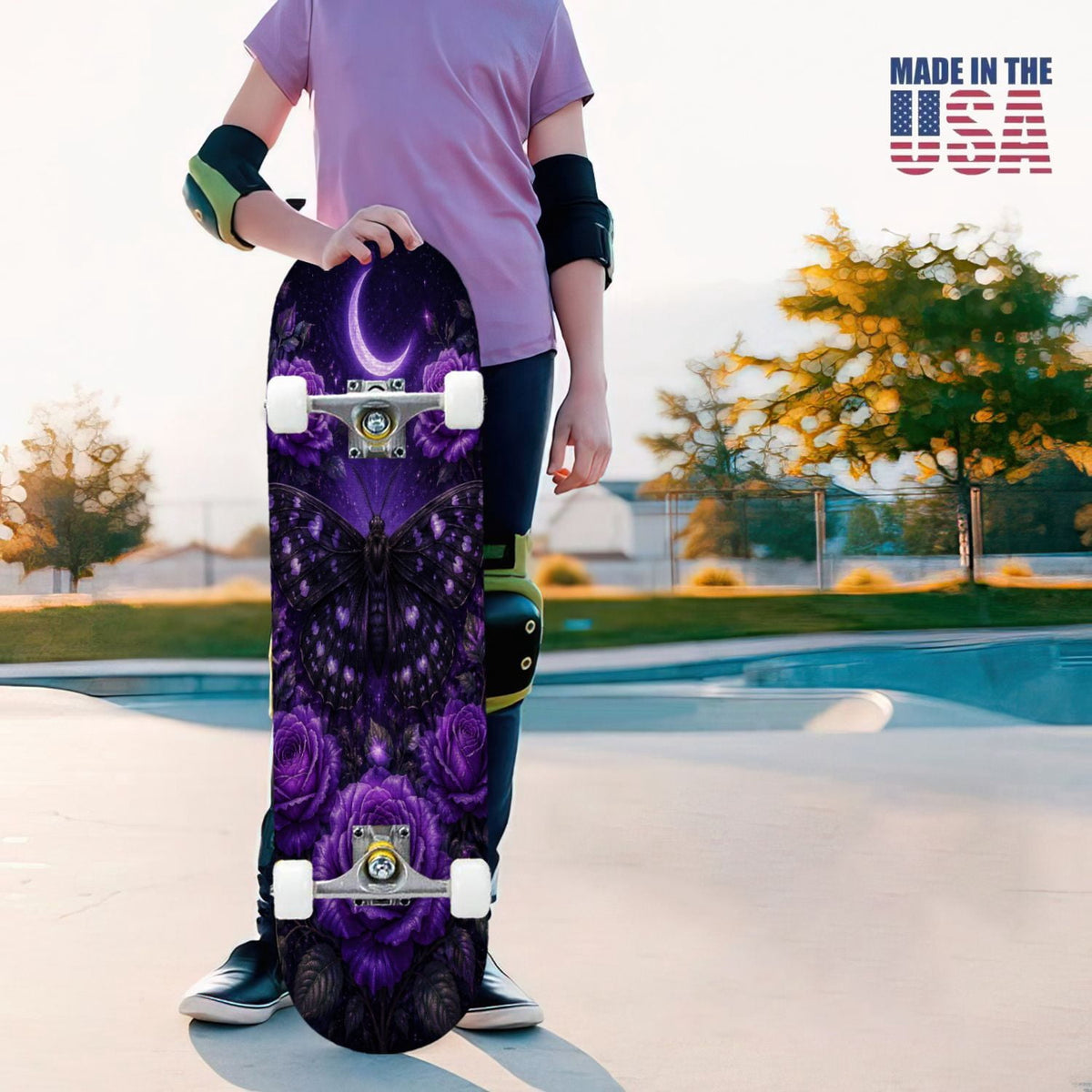 31"x8" Complete Skateboards for Beginners, Mystical Purple Butterfly Glowing Mushrooms Under Full Moon Double Kick 7 Ply Canadian Maple Deck Skateboard with Wheels, Gifts for Kids Teens