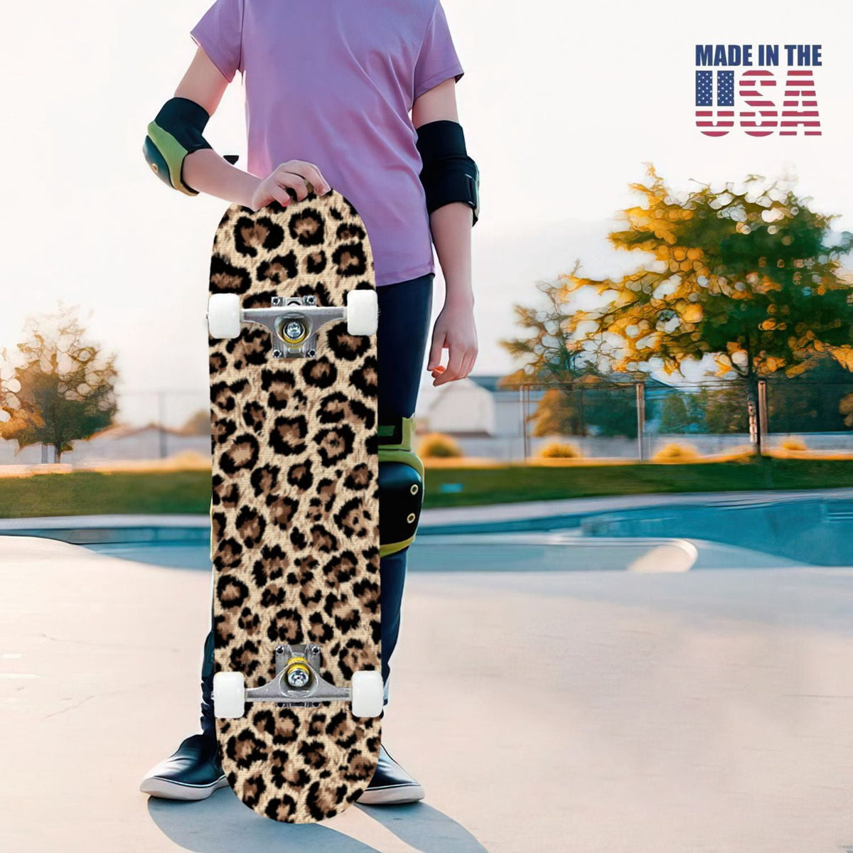 31"x8" Complete Skateboards for Beginners,Black Leopard Print Grey Double Kick 7 Ply Canadian Maple Deck Skateboard with Wheels, Gifts for Kids Teens