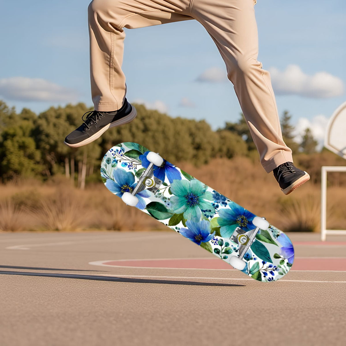 Watercolor Botanical Blue Green Leaves Flowers 31" x 8" Complete Skateboard, 7-Ply Canadian Maple Double Kick Trick Board for Kids and Beginners Adult Gifts