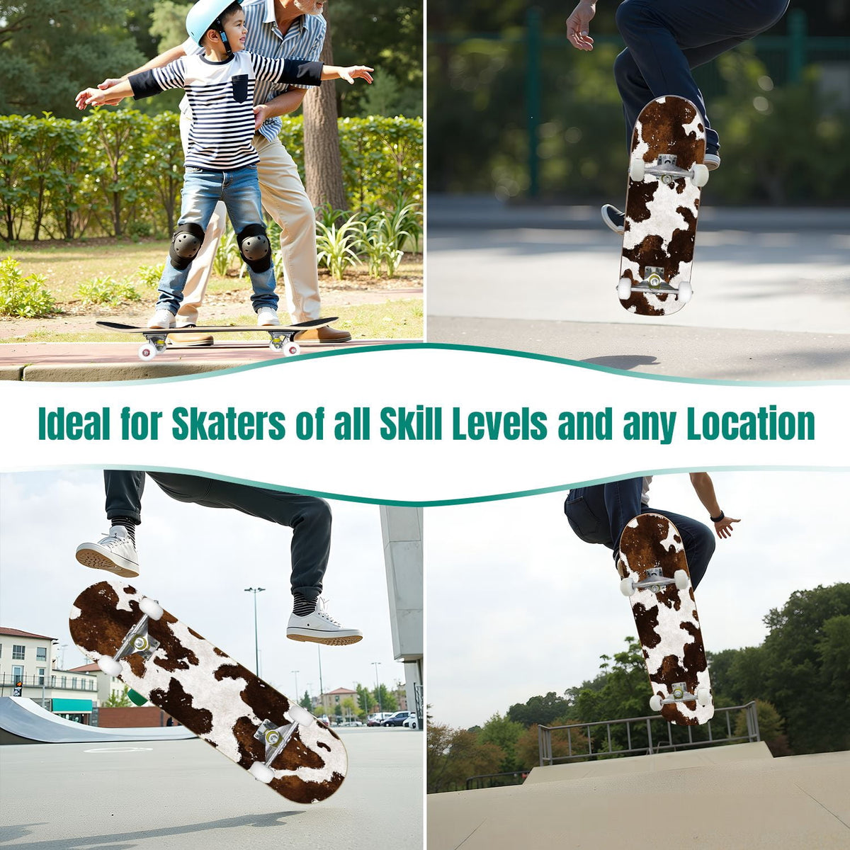 31"x8" Complete Skateboards for Beginners,Leopard Print Black Brown Beige Double Kick 7 Ply Canadian Maple Deck Skateboard with Wheels, Gifts for Kids Teens