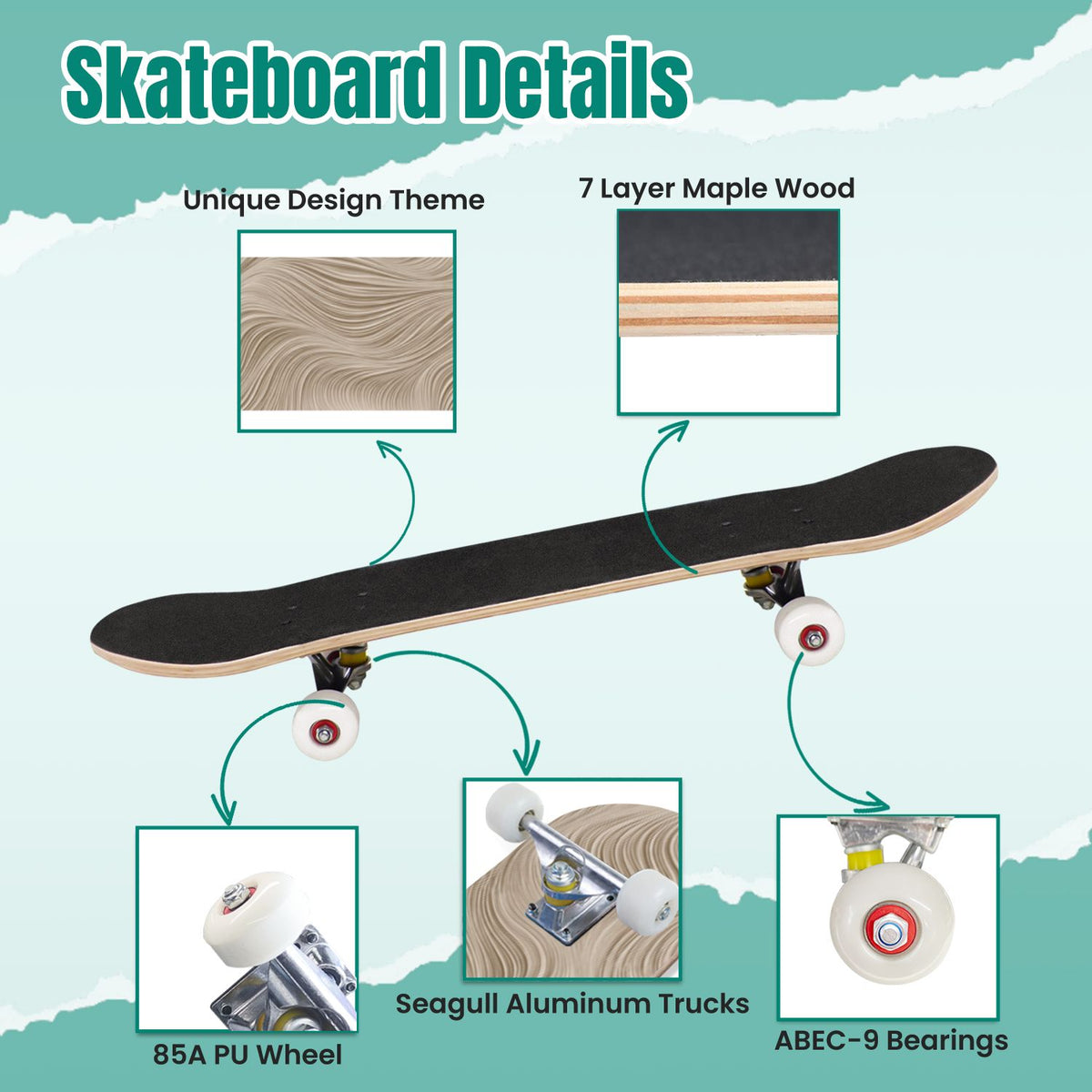 Beige Waves Flowing Lines 3D Effect 31" x 8" Complete Skateboard, 7-Ply Canadian Maple Double Kick Trick Board for Kids and Beginners Adult Gifts