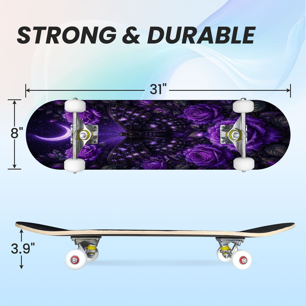 31"x8" Complete Skateboards for Beginners, Purple Floral Roses Butterfly Starry Vintage Botanical Double Kick 7 Ply Canadian Maple Deck Skateboard with Wheels, Gifts for Kids Teens