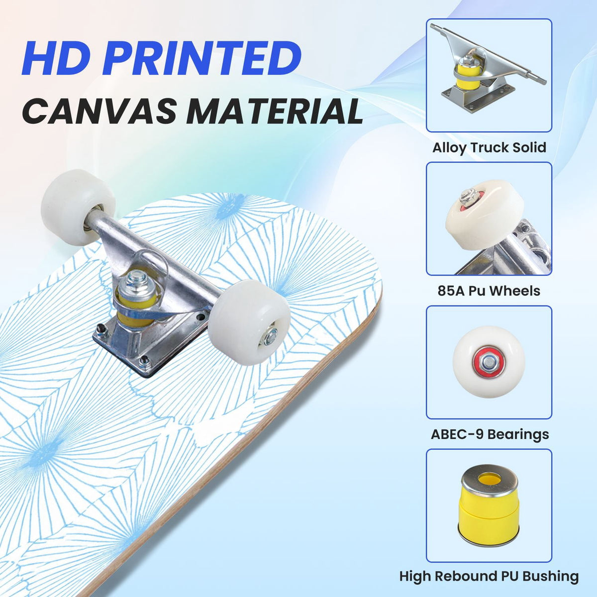 31"x8" Complete Skateboards for Beginners,Seamless Blue Watercolor Crabs Floral Accents Light Double Kick 7 Ply Canadian Maple Deck Skateboard with Wheels, Gifts for Kids Teens