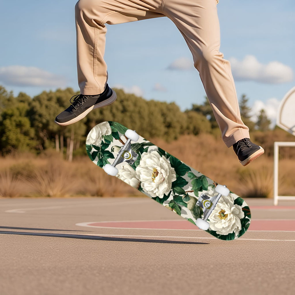 Elegant Cream Peach Peony Floral Green 31" x 8" Complete Skateboard, 7-Ply Canadian Maple Double Kick Trick Board for Kids and Beginners Adult Gifts
