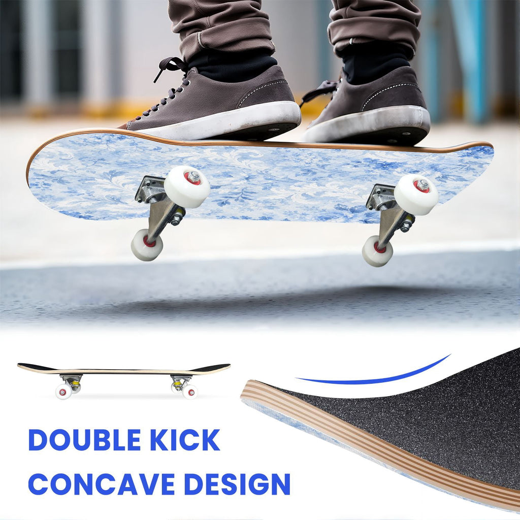 31"x8" Complete Skateboards for Beginners,Blue Botanical Leaf White Double Kick 7 Ply Canadian Maple Deck Skateboard with Wheels, Gifts for Kids Teens