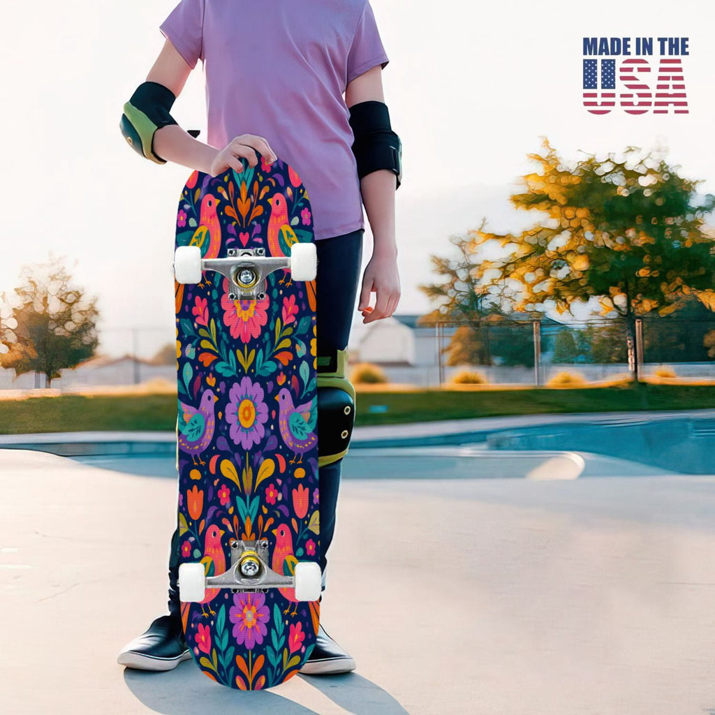 31"x8" Complete Skateboards for Beginners, Colorful Sugar Skull Vibrant Floral Day of the Dead Double Kick 7 Ply Canadian Maple Deck Skateboard with Wheels, Gifts for Kids Teens