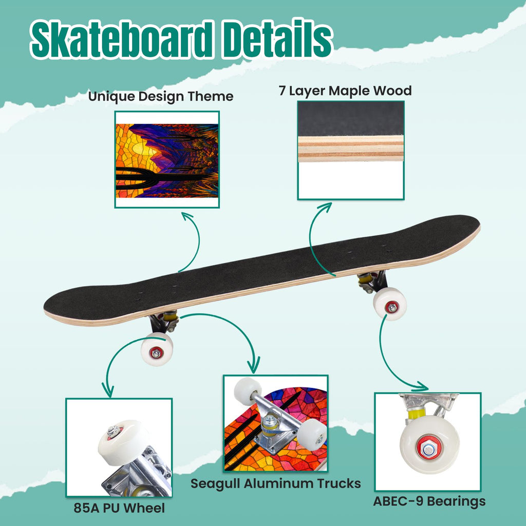 Abstract Geometric Curved Shapes Earthy Tones 31" x 8" Complete Skateboard, 7-Ply Canadian Maple Double Kick Trick Board for Kids and Beginners Adult Gifts