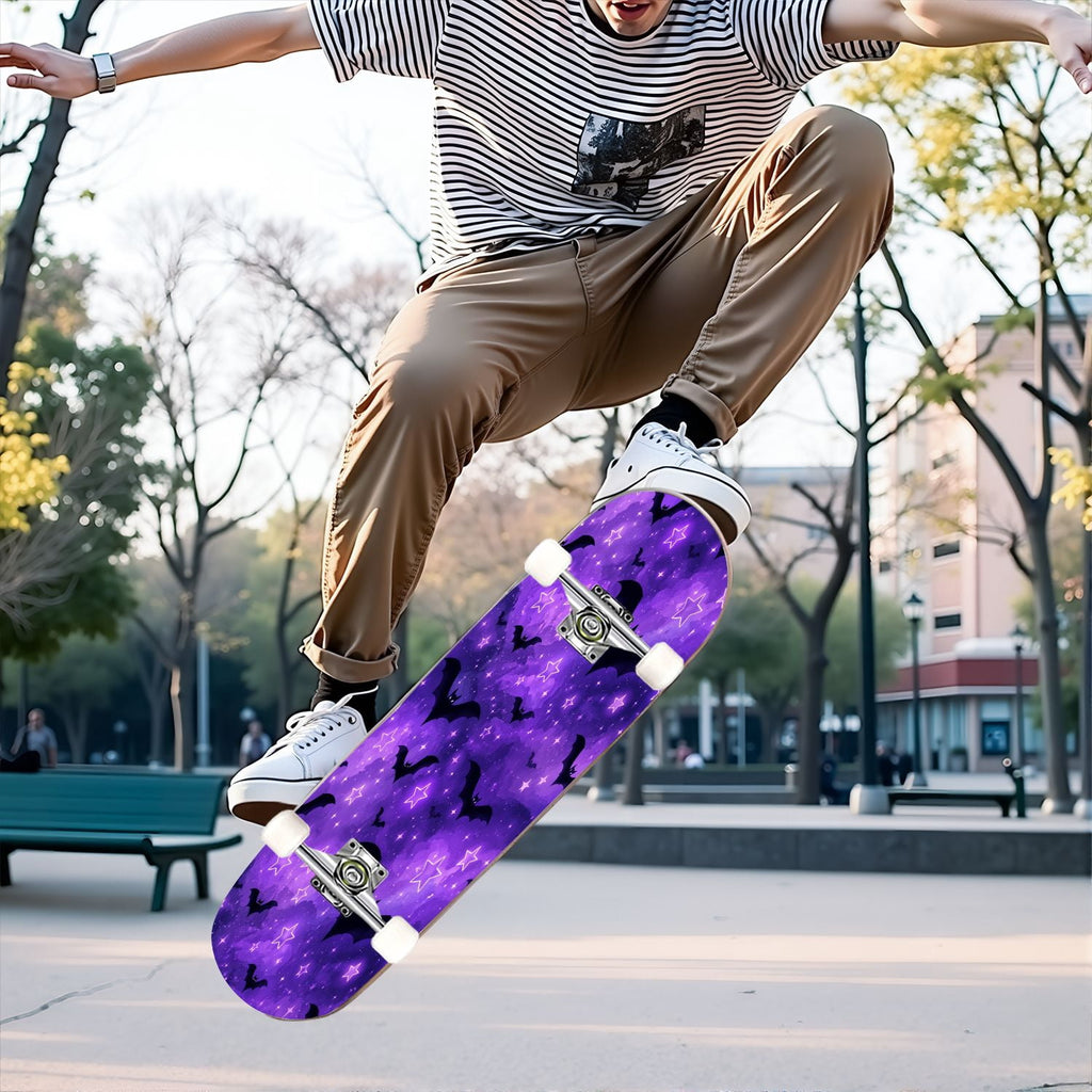 31"x8" Complete Skateboards for Beginners,Cute Ghosts Purple Bows Bats Lilac Halloween Double Kick 7 Ply Canadian Maple Deck Skateboard with Wheels, Gifts for Kids Teens
