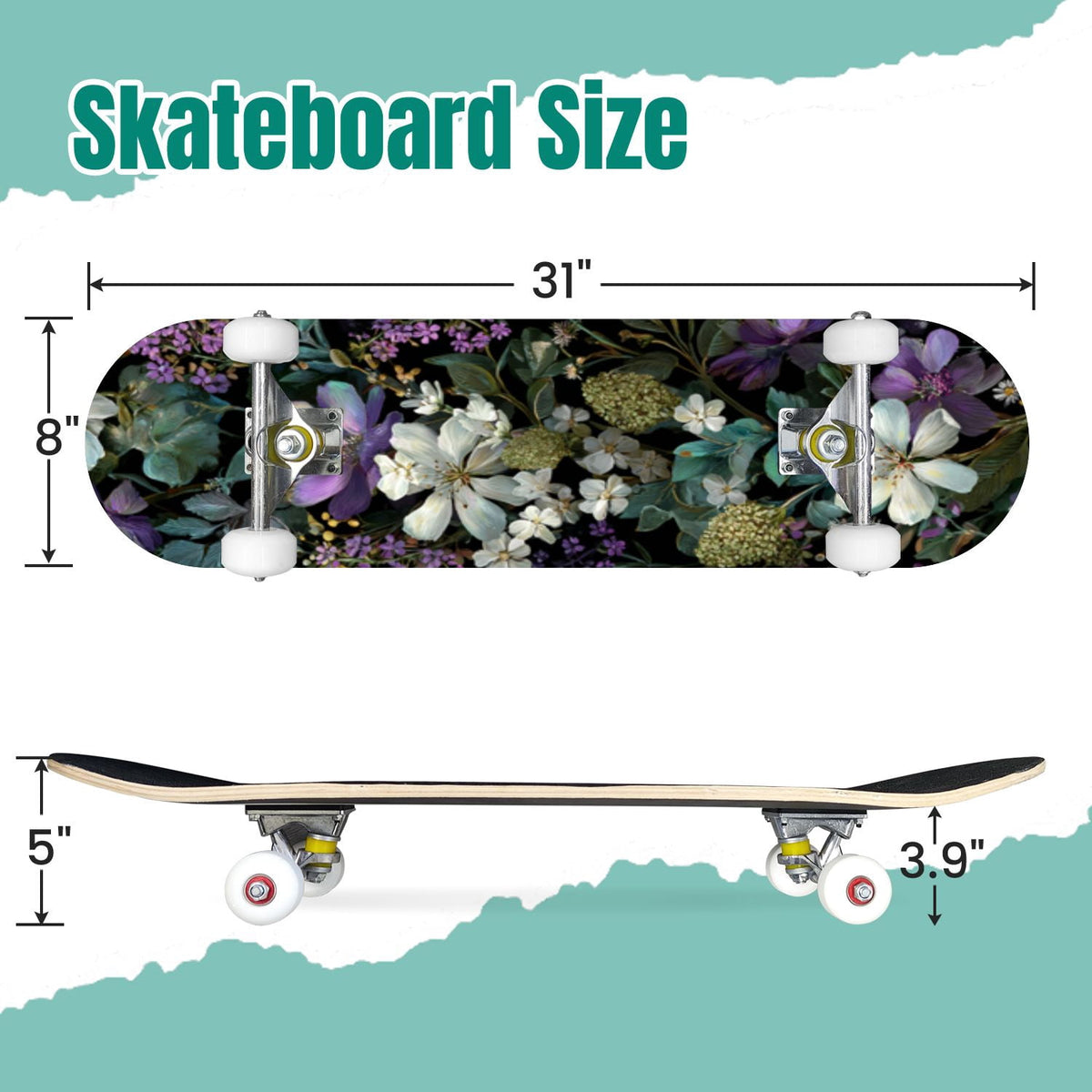 Watercolor Floral Shades Blue Grey Leaves 31" x 8" Complete Skateboard, 7-Ply Canadian Maple Double Kick Trick Board for Kids and Beginners Adult Gifts